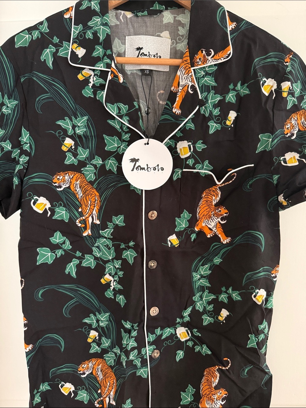Tombolo Black Tiger-Print Short Sleeve Button-Down Shirt